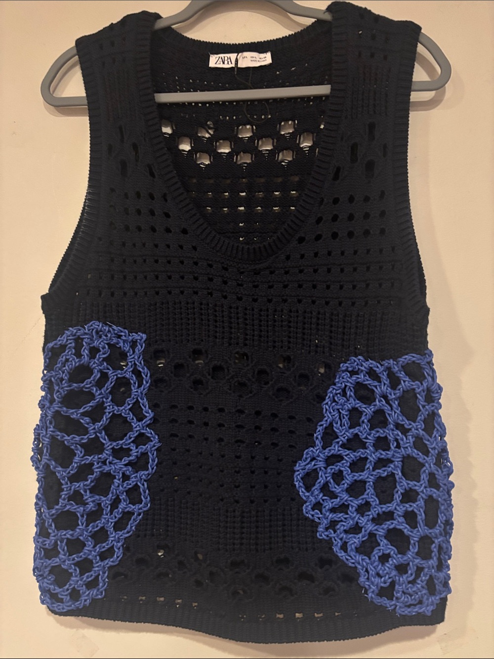 Zara Black Crochet Tank with Blue Crochet Pocket Accents